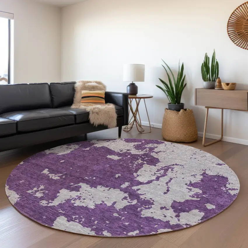 8' Purple And Gray Abstract Washable Round Rug With UV Protection Photo 5