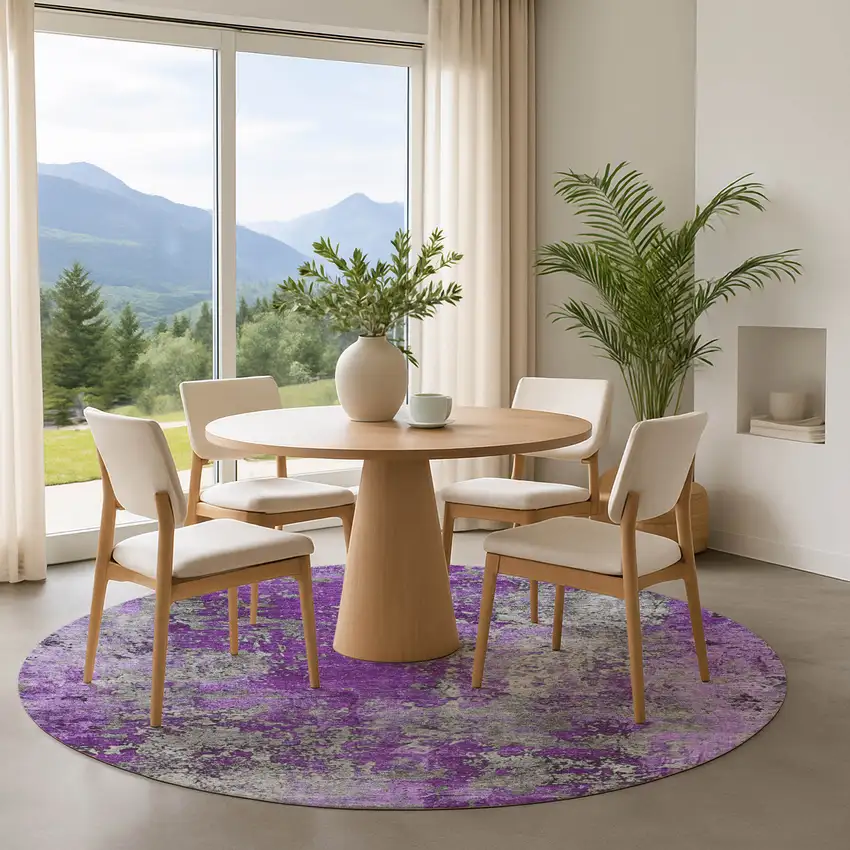 8' Purple And Gray Abstract Washable Round Rug With UV Protection Photo 5