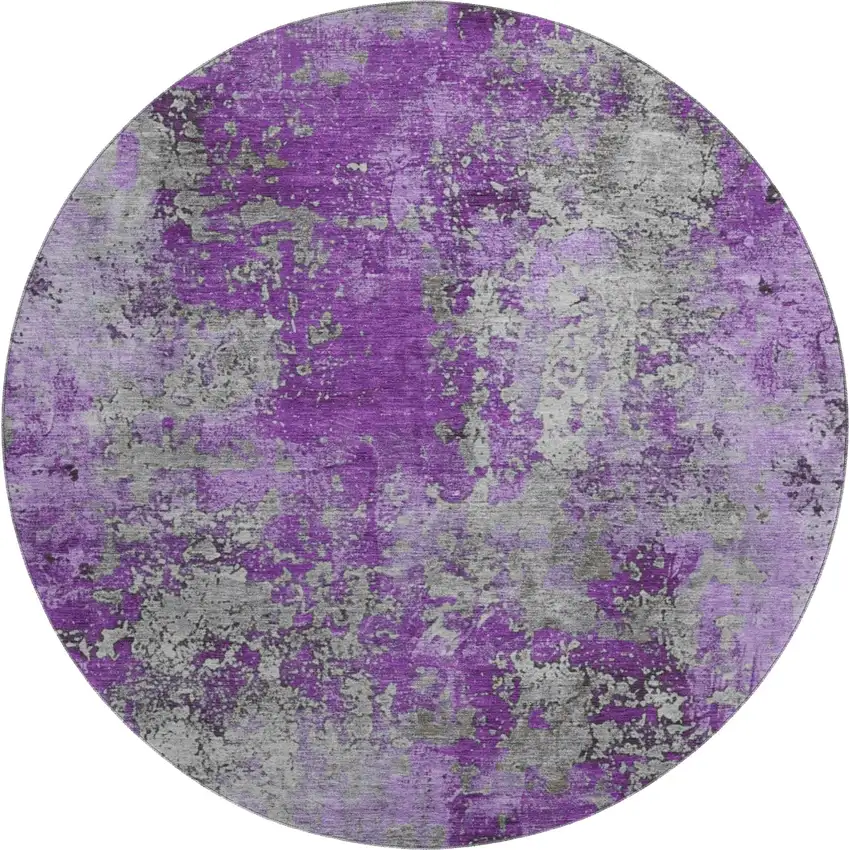 8' Purple And Gray Abstract Washable Round Rug With UV Protection Photo 1