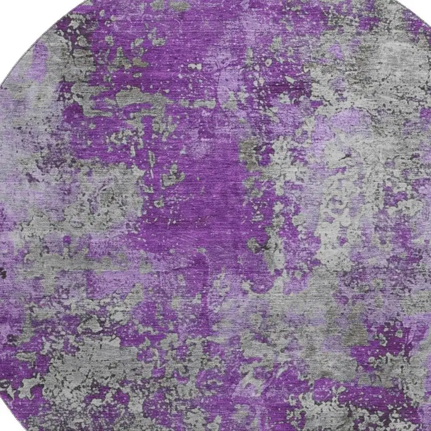 8' Purple And Gray Abstract Washable Round Rug With UV Protection Photo 3