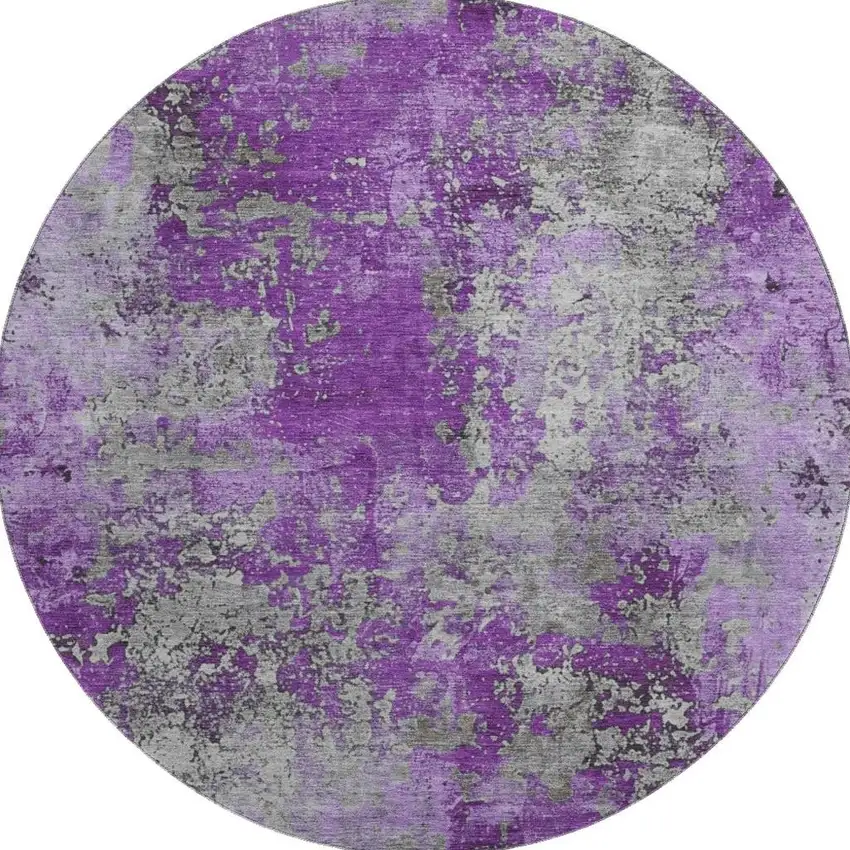 8' Purple And Gray Abstract Washable Round Rug With UV Protection Photo 4