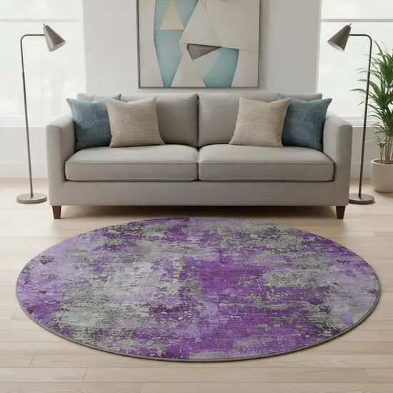 8' Purple And Gray Abstract Washable Round Rug With UV Protection Photo 2