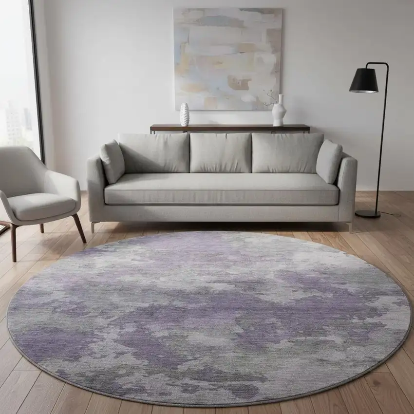8' Purple And Gray Abstract Washable Round Rug With UV Protection Photo 2