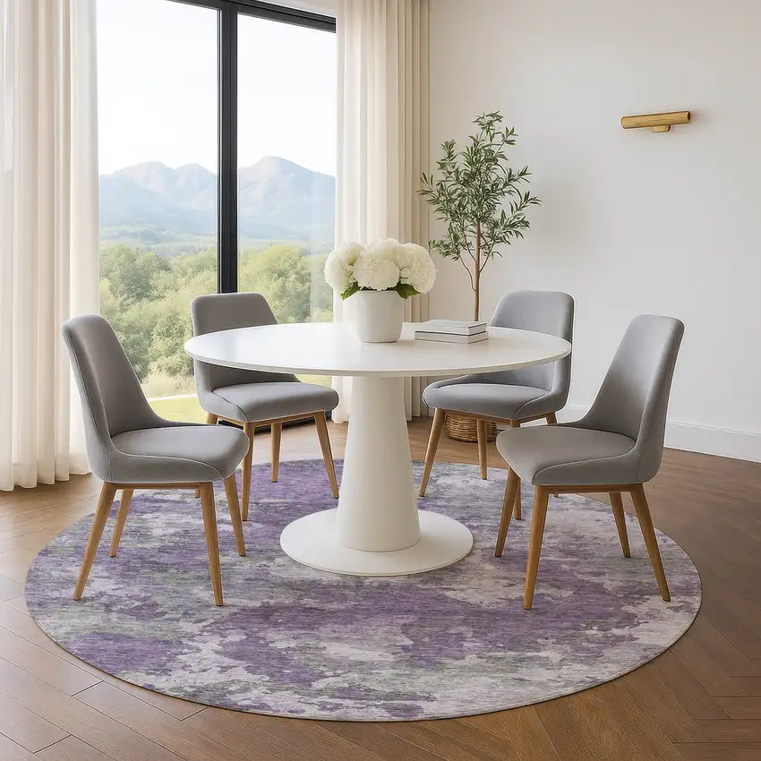 8' Purple And Gray Abstract Washable Round Rug With UV Protection Photo 5