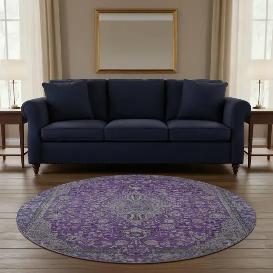 8' Purple And Gray Floral Medallion Washable Round Rug With UV Protection Photo 2
