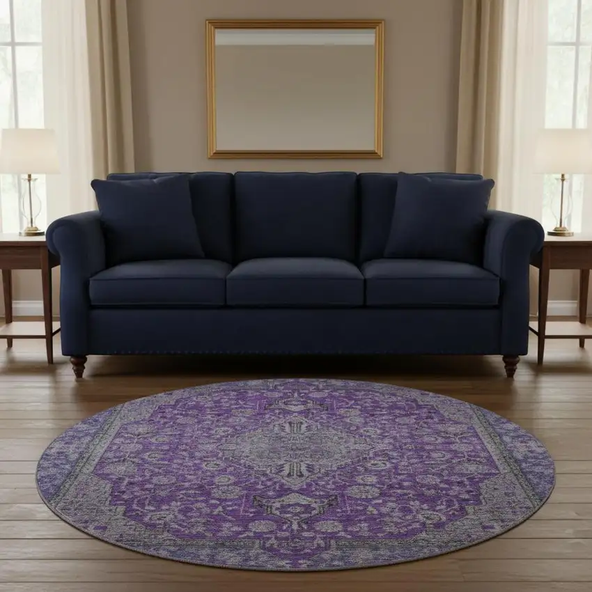 8' Purple And Gray Floral Medallion Washable Round Rug With UV Protection Photo 2
