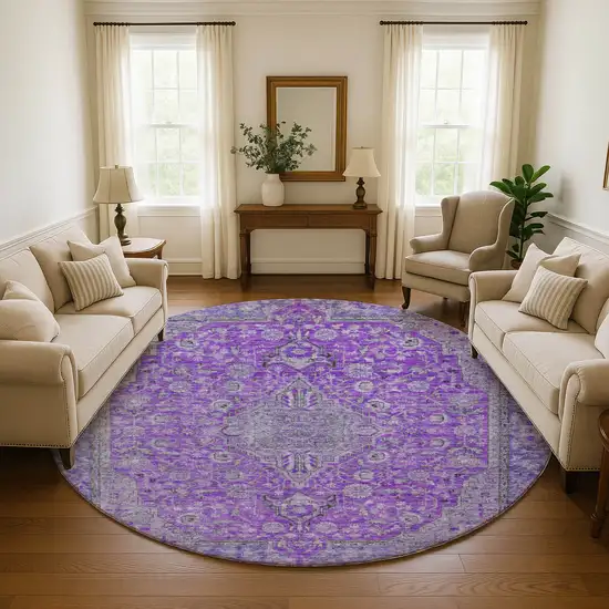 8' Purple And Gray Floral Medallion Washable Round Rug With UV Protection Photo 4