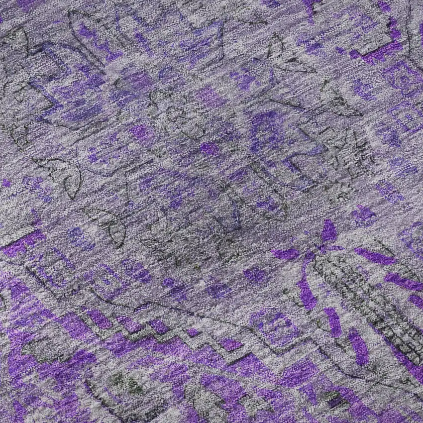 8' Purple And Gray Floral Medallion Washable Round Rug With UV Protection Photo 8