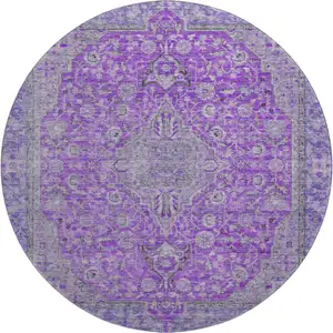 Photo of 8' Purple And Gray Floral Medallion Washable Round Rug With UV Protection