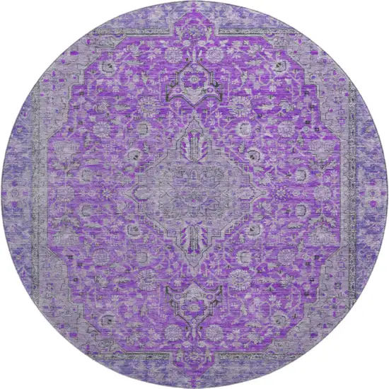8' Purple And Gray Floral Medallion Washable Round Rug With UV Protection Photo 1