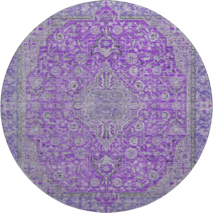 8' Purple And Gray Floral Medallion Washable Round Rug With UV Protection Photo 1