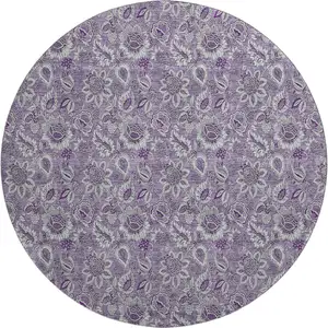 Photo of 8' Purple And Gray Floral Washable Round Rug With UV Protection