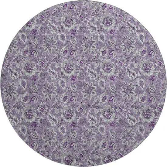 8' Purple And Gray Floral Washable Round Rug With UV Protection Photo 1