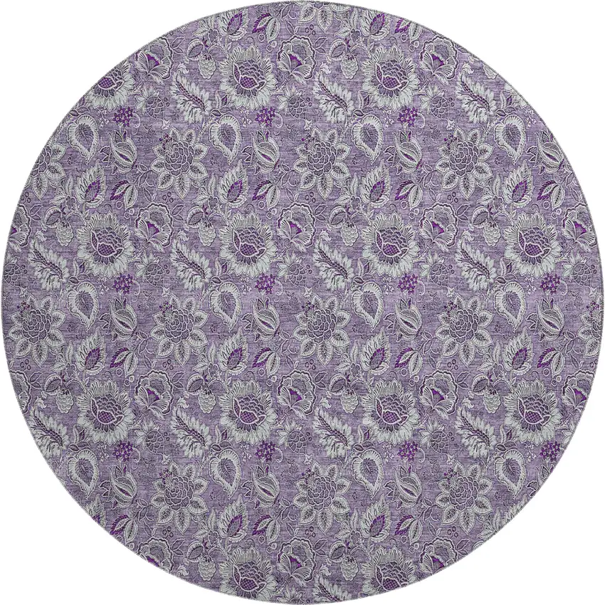 8' Purple And Gray Floral Washable Round Rug With UV Protection Photo 1