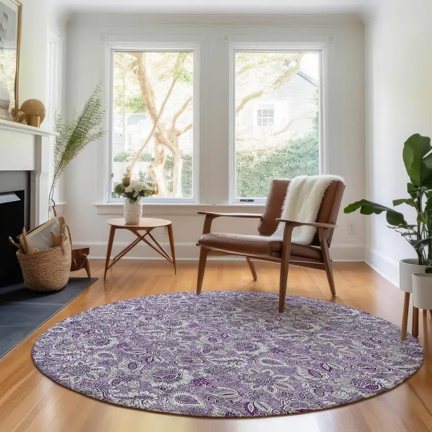 8' Purple And Gray Floral Washable Round Rug With UV Protection Photo 5
