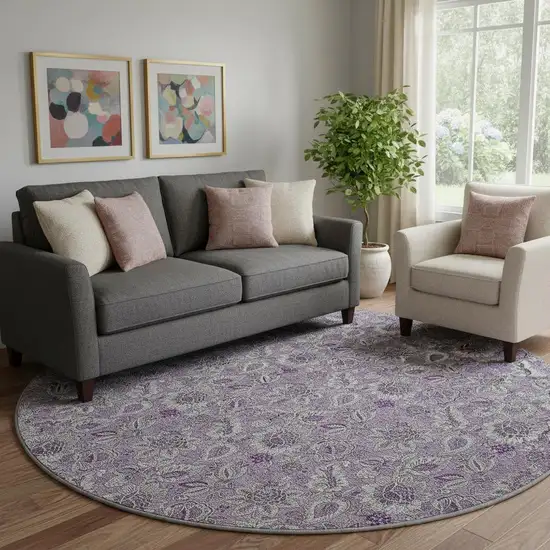 8' Purple And Gray Floral Washable Round Rug With UV Protection Photo 1
