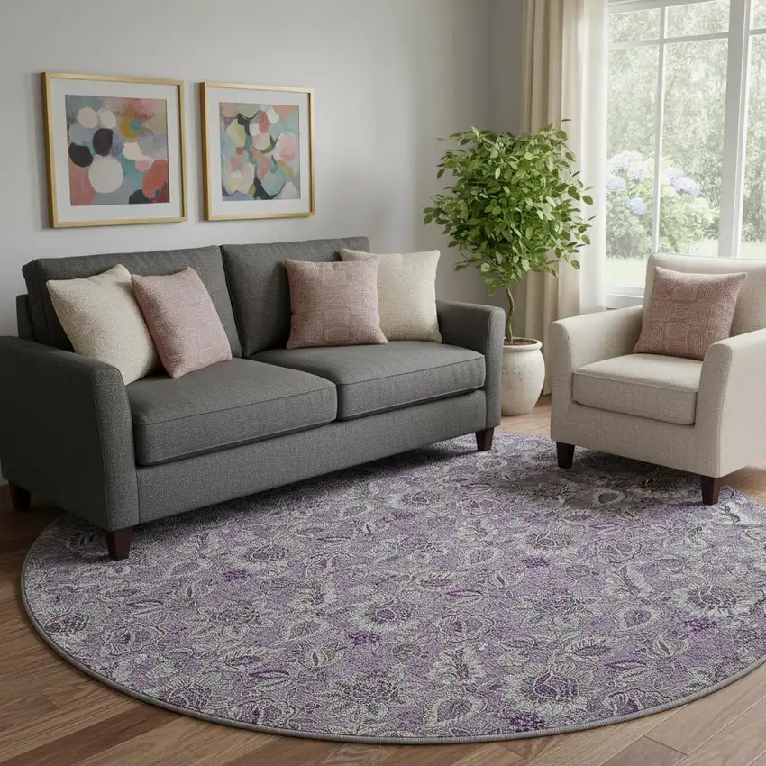 8' Purple And Gray Floral Washable Round Rug With UV Protection Photo 1