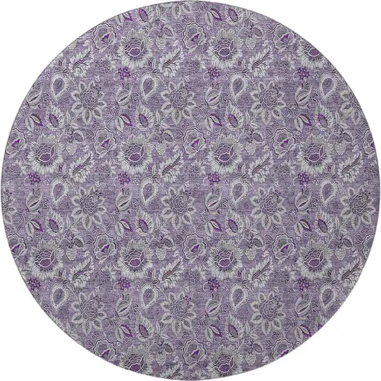8' Purple And Gray Floral Washable Round Rug With UV Protection Photo 4