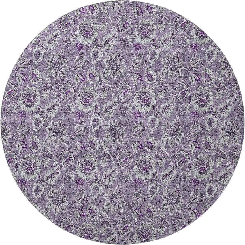 8' Purple And Gray Floral Washable Round Rug With UV Protection Photo 4