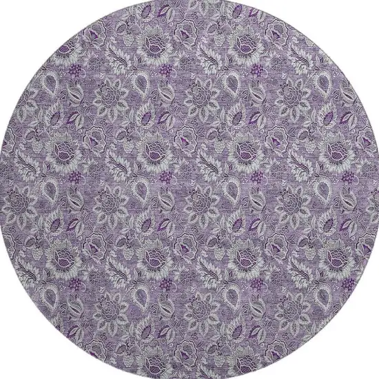 8' Purple And Gray Floral Washable Round Rug With UV Protection Photo 3