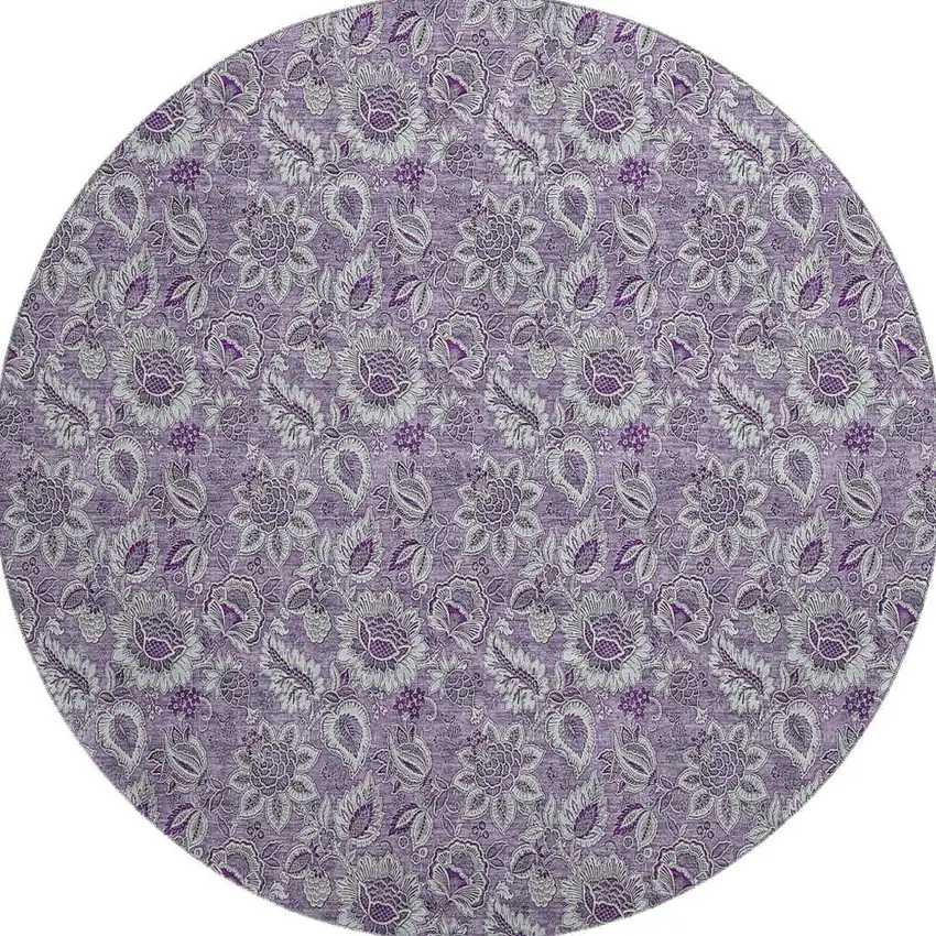 8' Purple And Gray Floral Washable Round Rug With UV Protection Photo 3