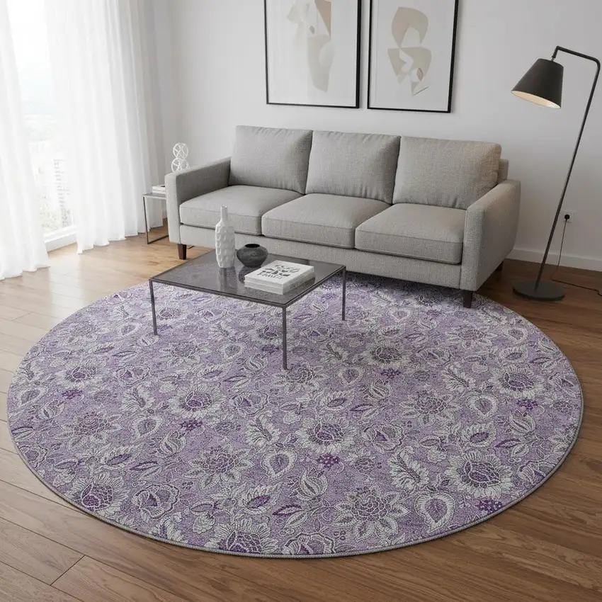 8' Purple And Gray Floral Washable Round Rug With UV Protection Photo 2