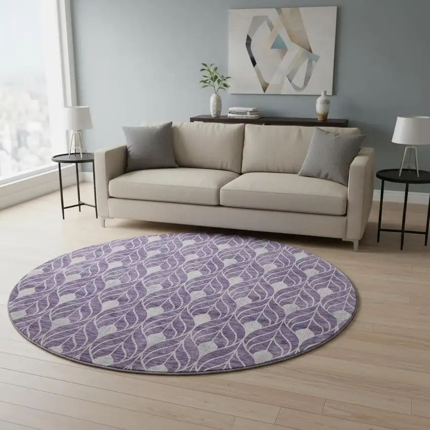 8' Purple And Gray Geometric Washable Round Rug With UV Protection Photo 2