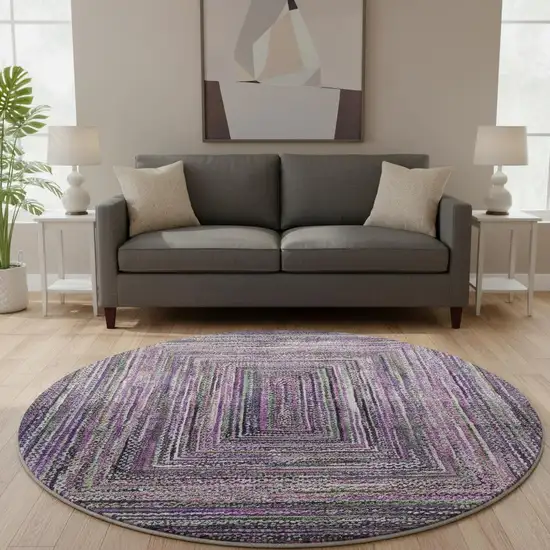 8' Purple And Gray Geometric Washable Round Rug With UV Protection Photo 2