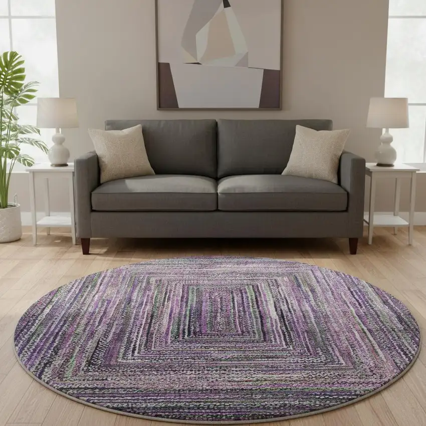 8' Purple And Gray Geometric Washable Round Rug With UV Protection Photo 2