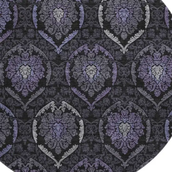 8' Purple And Gray Medallion Washable Round Rug With UV Protection Photo 3