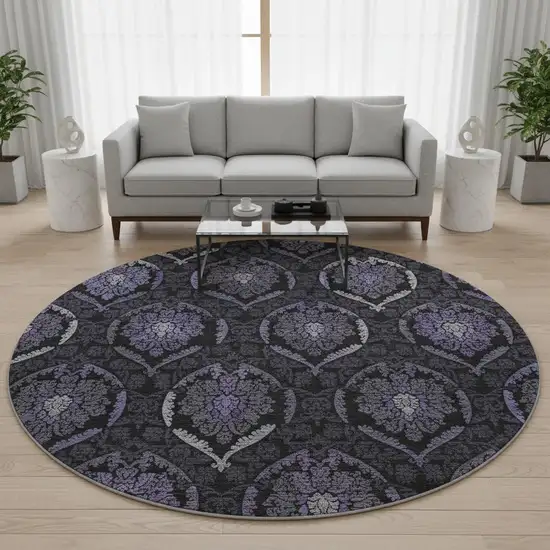 8' Purple And Gray Medallion Washable Round Rug With UV Protection Photo 2