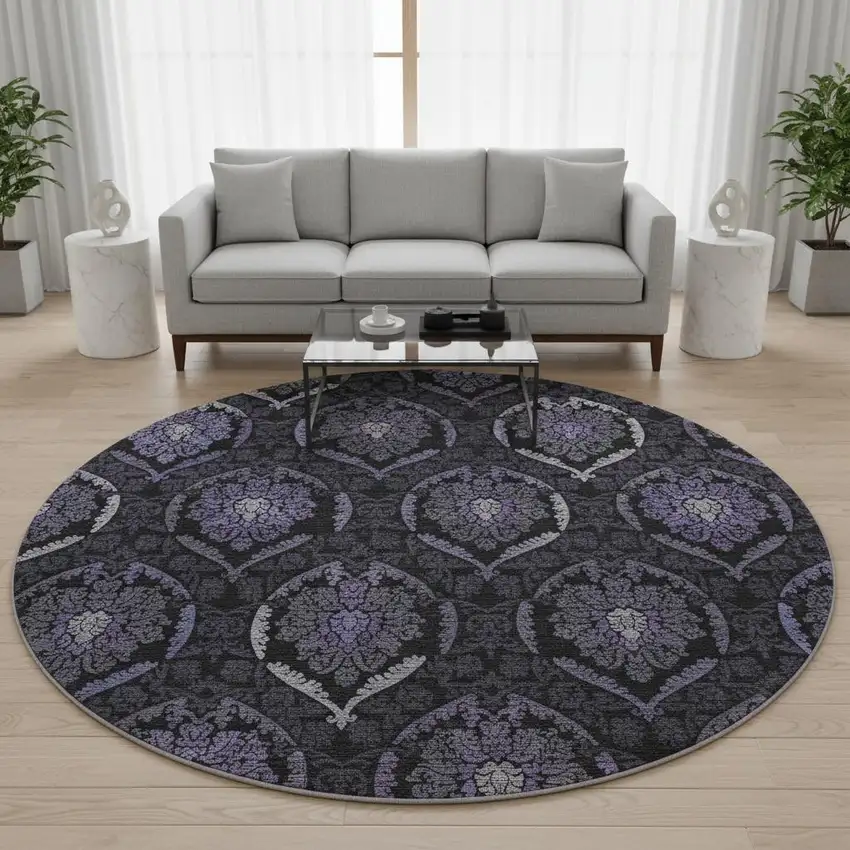 8' Purple And Gray Medallion Washable Round Rug With UV Protection Photo 2