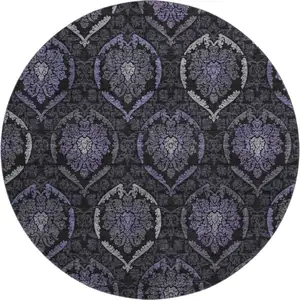 Photo of 8' Purple And Gray Medallion Washable Round Rug With UV Protection