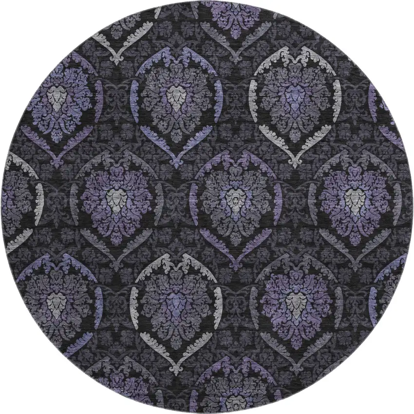 8' Purple And Gray Medallion Washable Round Rug With UV Protection Photo 1