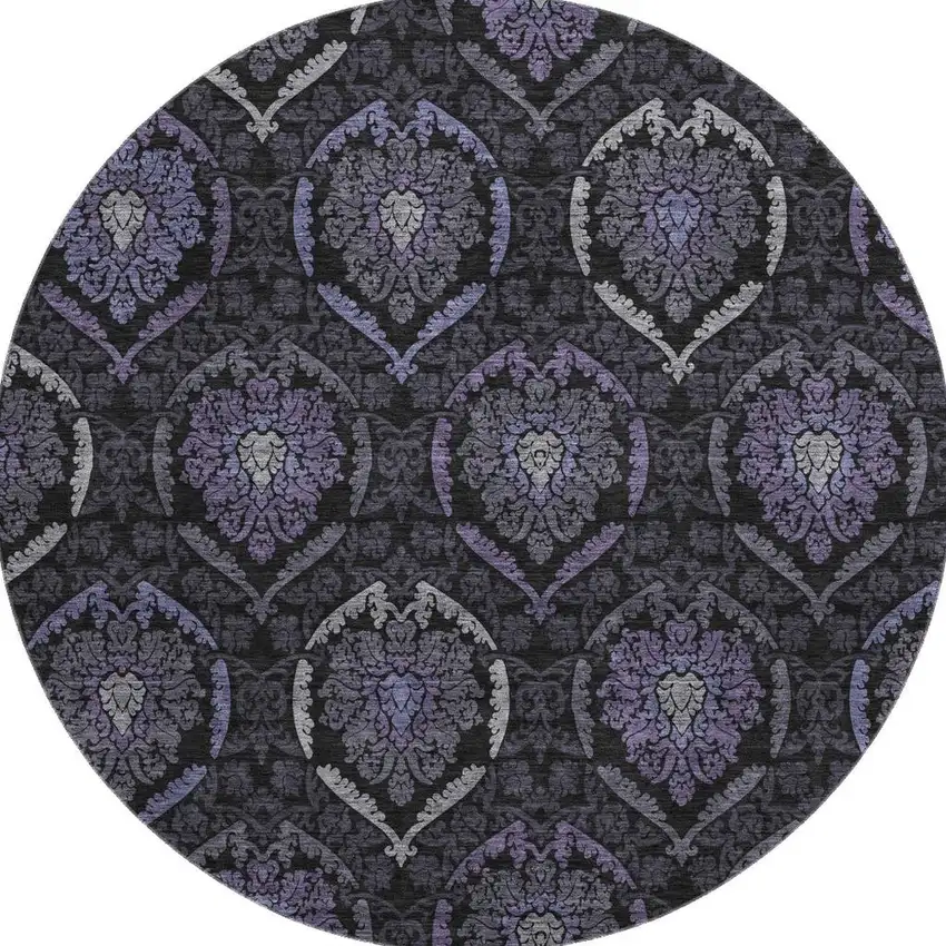 8' Purple And Gray Medallion Washable Round Rug With UV Protection Photo 4