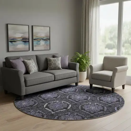 8' Purple And Gray Medallion Washable Round Rug With UV Protection Photo 1