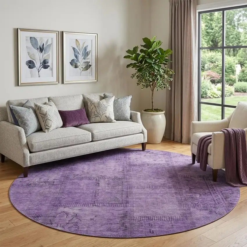 8' Purple And Gray Patchwork Washable Round Rug With UV Protection Photo 1