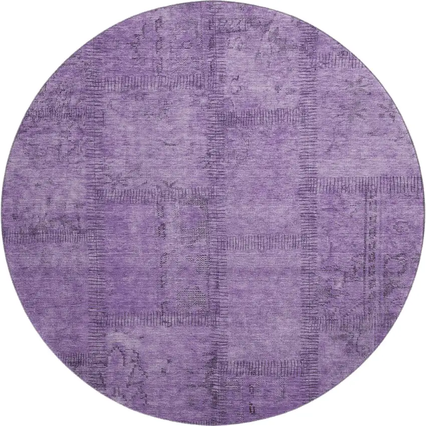 8' Purple And Gray Patchwork Washable Round Rug With UV Protection Photo 1