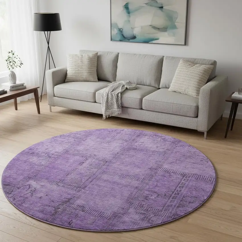 8' Purple And Gray Patchwork Washable Round Rug With UV Protection Photo 2