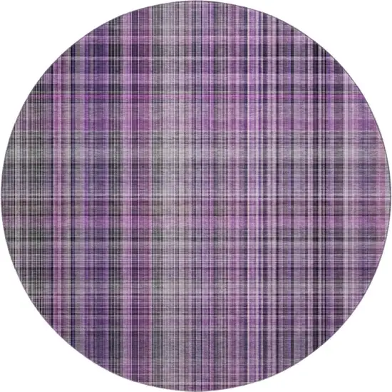 8' Purple And Gray Plaid Washable Round Rug With UV Protection Photo 1