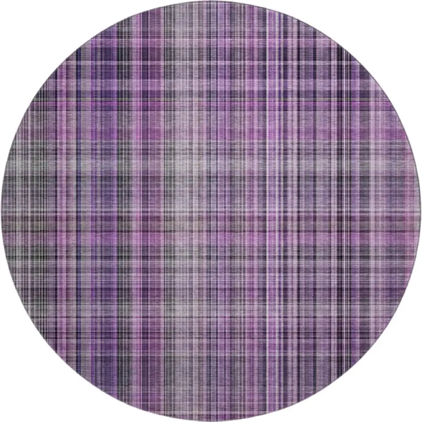 8' Purple And Gray Plaid Washable Round Rug With UV Protection Photo 1