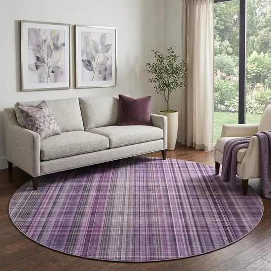 8' Purple And Gray Plaid Washable Round Rug With UV Protection Photo 1