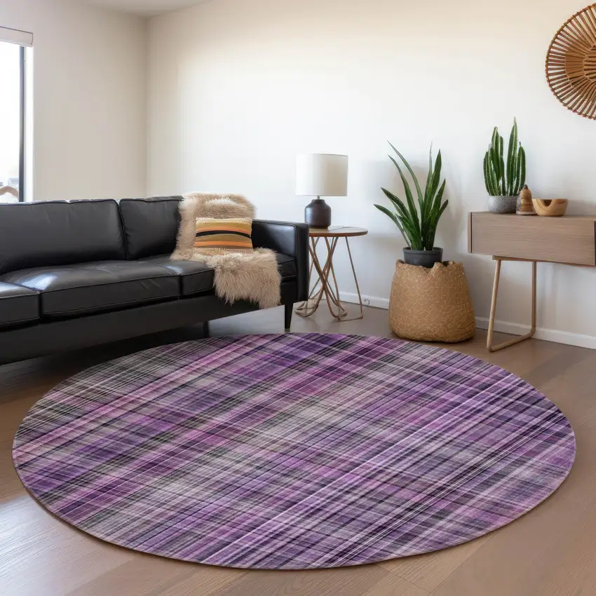 8' Purple And Gray Plaid Washable Round Rug With UV Protection Photo 5