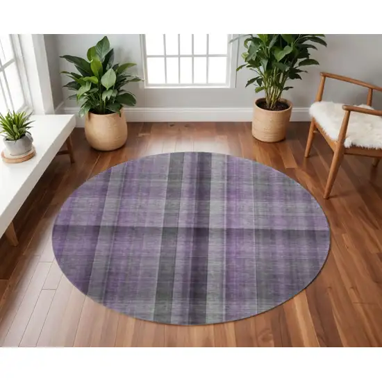 8' Purple And Gray Plaid Washable Round Rug With UV Protection Photo 2