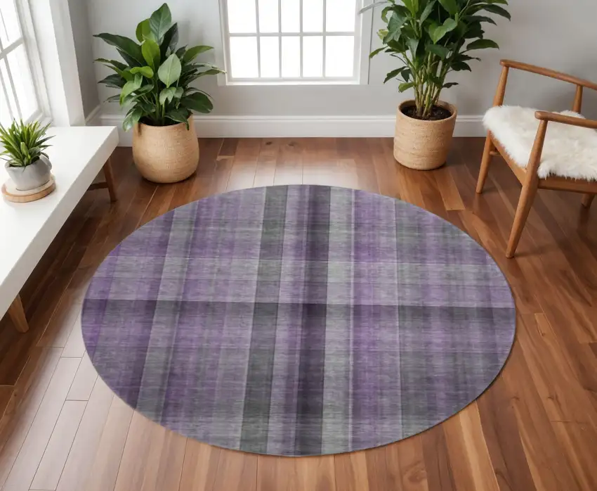 8' Purple And Gray Plaid Washable Round Rug With UV Protection Photo 2