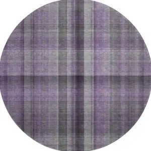 Photo of 8' Purple And Gray Plaid Washable Round Rug With UV Protection