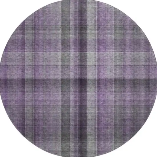 8' Purple And Gray Plaid Washable Round Rug With UV Protection Photo 4