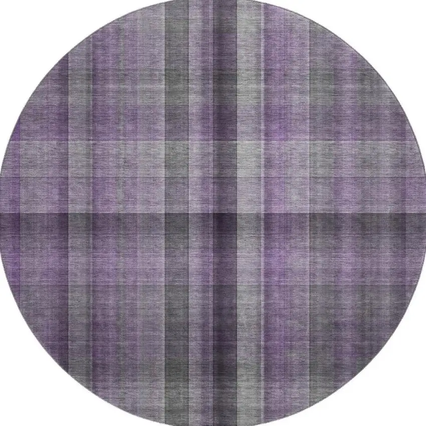 8' Purple And Gray Plaid Washable Round Rug With UV Protection Photo 4