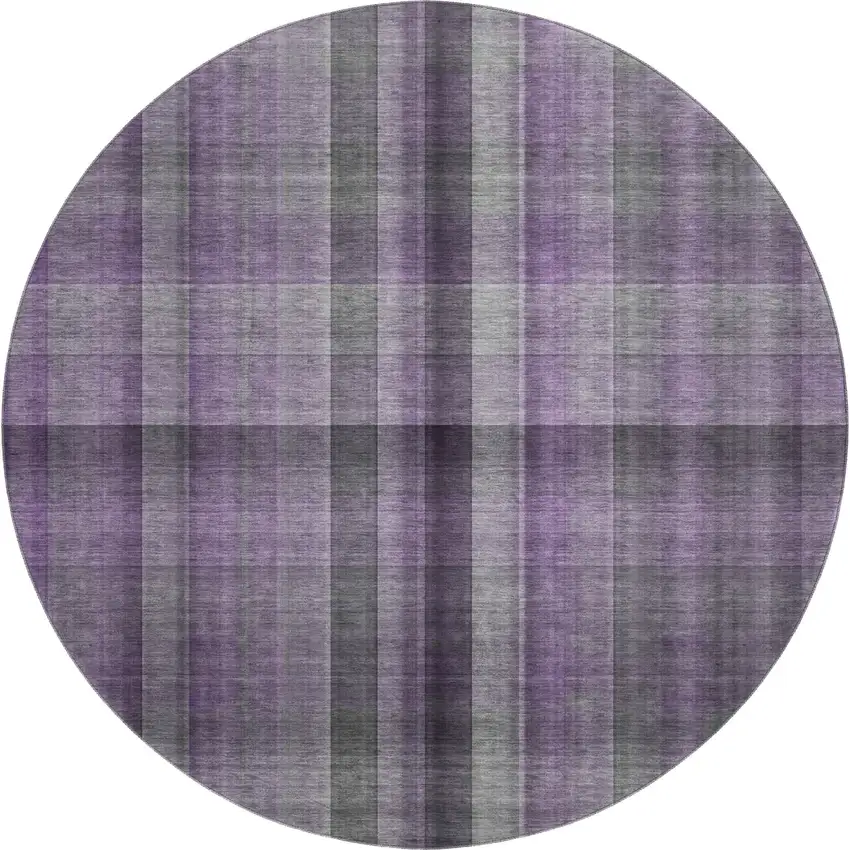 8' Purple And Gray Plaid Washable Round Rug With UV Protection Photo 1