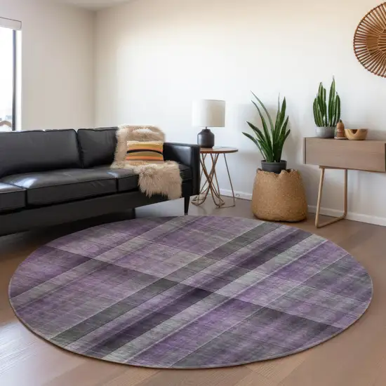 8' Purple And Gray Plaid Washable Round Rug With UV Protection Photo 5
